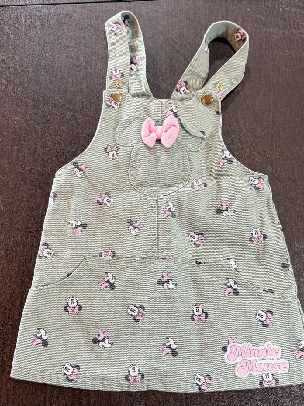 Disney Junior Minnie Mouse Pink-Accent Green Overall Dress for Kids Sz 3T